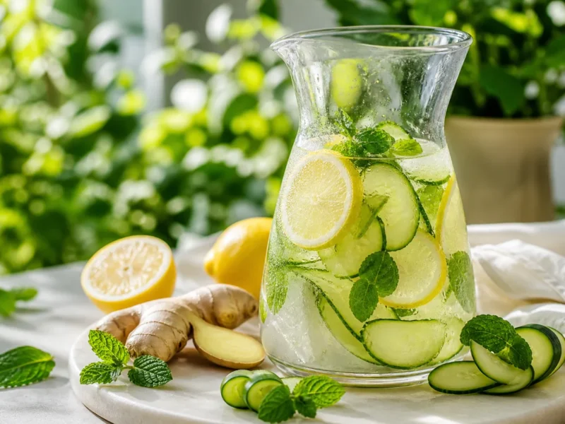 Agua de Limón con Menta, Pepino y Jengibre (Agua infusionada) — receta de cocina Mediterránea