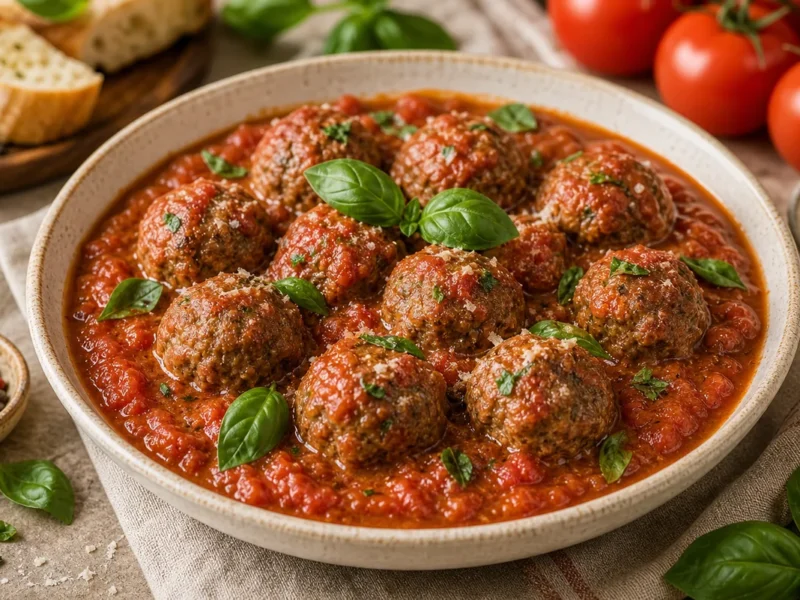 Albóndigas de ternera en salsa de tomate y albahaca — receta de cocina Italiana