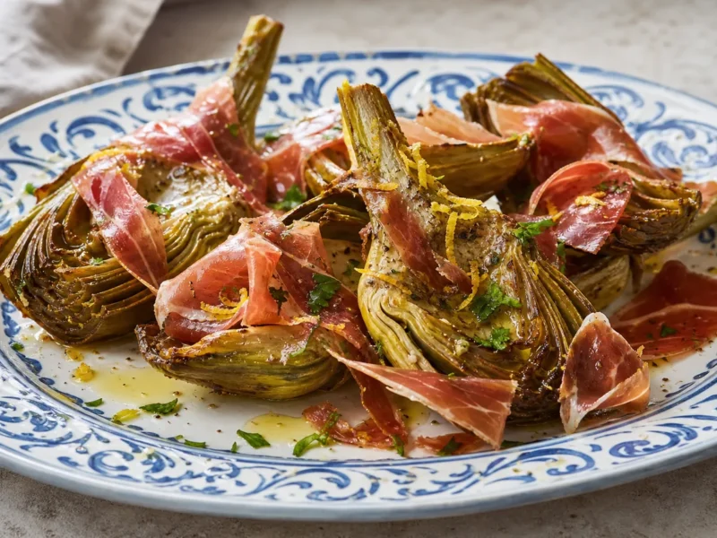 Alcachofas al horno con jamón ibérico y limón — receta de cocina Mediterránea