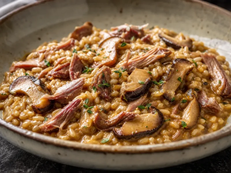 Arroz meloso con pato confitado y setas porcini — receta de cocina Mediterránea