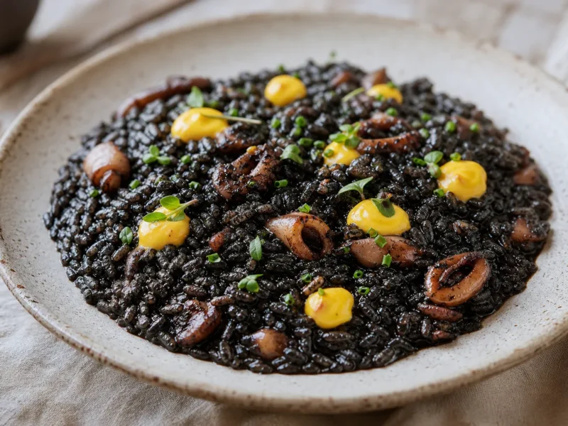 Arroz negro con sepia y alioli de azafrán — receta de cocina Mediterránea