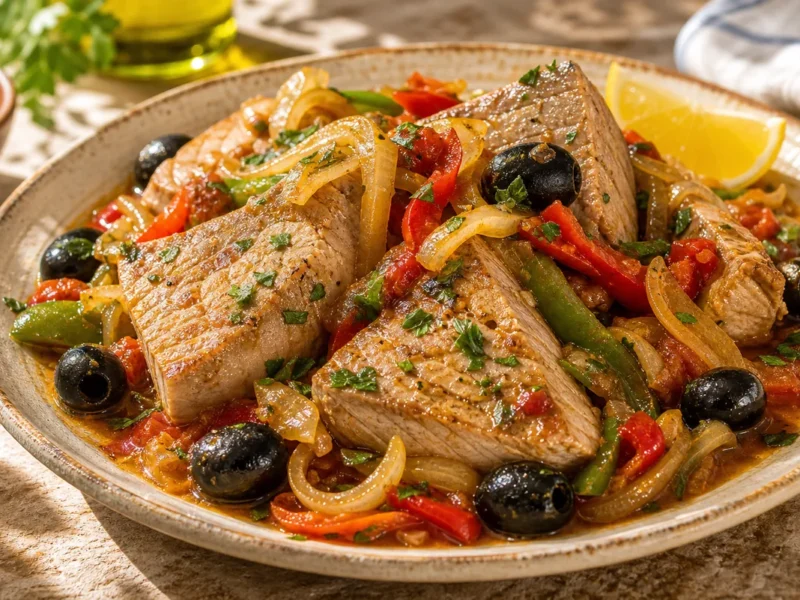 Atún encebollado con pimientos y aceitunas negras — receta de cocina Mediterránea