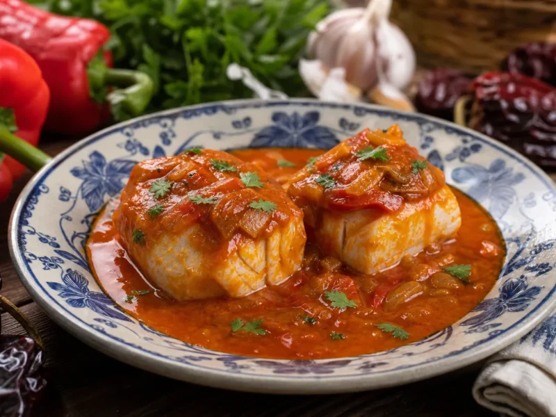 Bacalao a la vizcaína con pimientos choriceros — receta de cocina Mediterránea