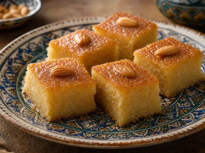Sémola dulce (basboussa) con almíbar de azahar — receta de cocina méditerranéen