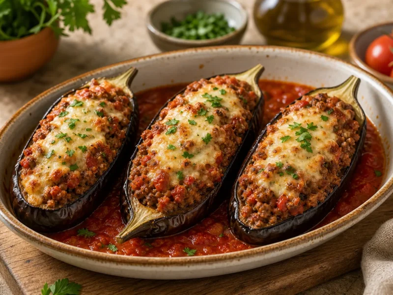 Berenjenas rellenas de carne y tomate — receta de cocina Mediterránea