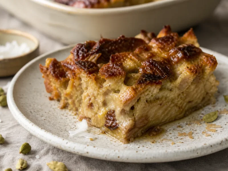 Budín de pan integral con leche de coco y cardamomo — receta de cocina Mediterránea