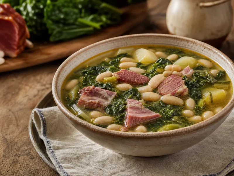 Caldo gallego con grelos, lacón y alubias — receta de cocina Mediterránea
