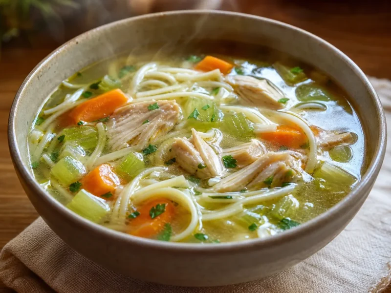 Caldo de pollo reconstituyente con fideos y verduras — receta de cocina Mediterránea