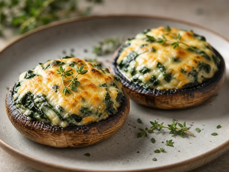 Champiñones portobello rellenos de espinacas y queso — receta de cocina Mediterránea