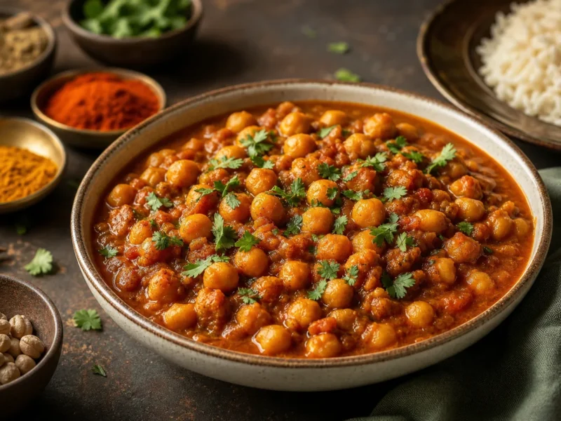 Chana masala de garbanzos con especias y tomate — receta de cocina India