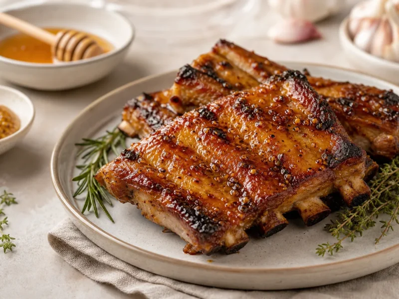 Côtes de porc au four avec miel et moutarde — receta de cocina méditerranéen