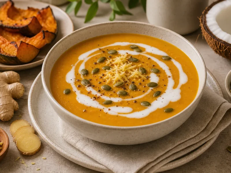 Crème de potiron rôti au gingembre et lait de coco — receta de cocina méditerranéen