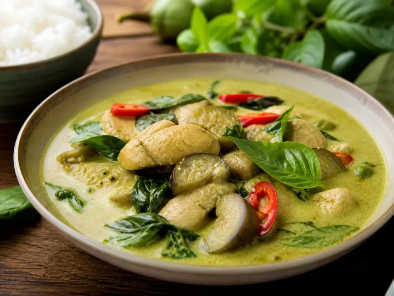 Curry tailandés verde de pollo con leche de coco — receta de cocina Mediterránea