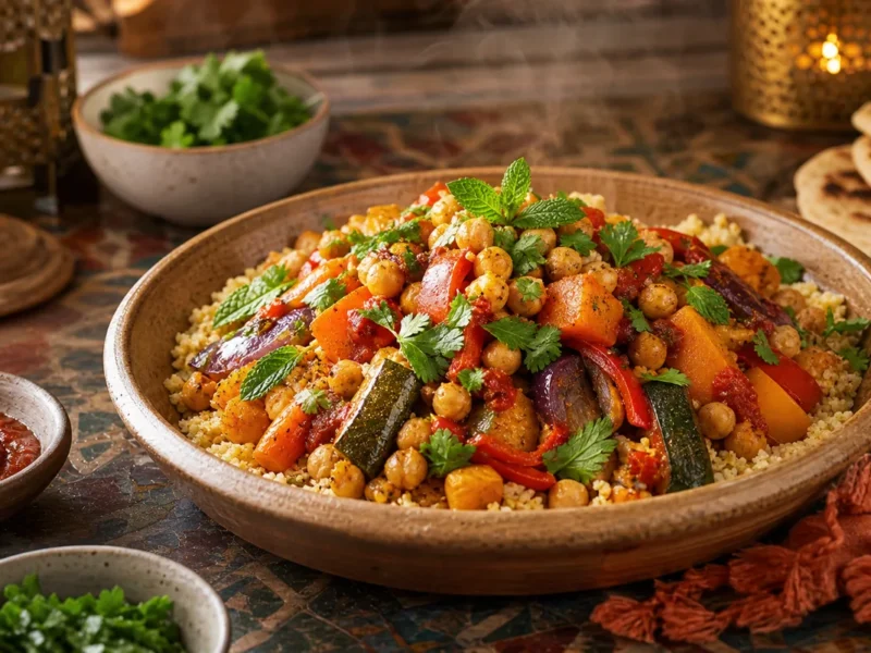 Cuscús de verduras con harissa y garbanzos — receta de cocina Marroquí