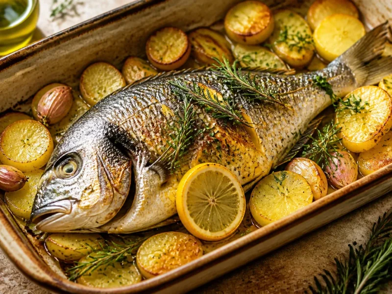 Dorada Al Horno Con Patatas Y Romero — receta de cocina méditerranéen