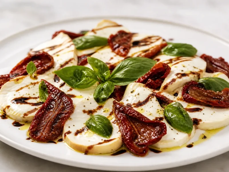 Ensalada caprese con mozzarella ahumada y tomate seco — receta de cocina italien