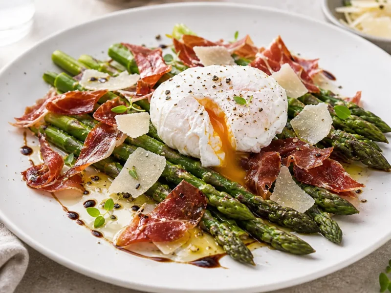 Salade d'asperges sauvages, œuf poché et jambon — receta de cocina méditerranéen