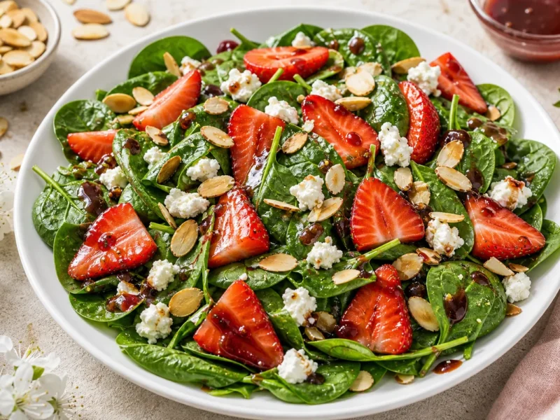 Salade d'épinards aux fraises et amandes grillées — receta de cocina méditerranéen