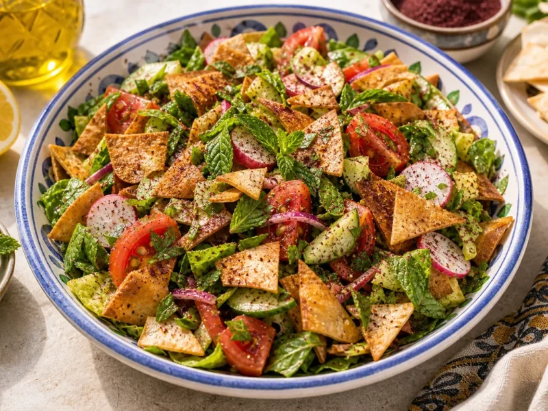Ensalada Fattoush con pan crujiente y sumac — receta de cocina méditerranéen