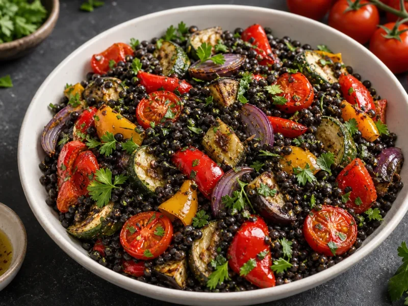 Ensalada de lentejas beluga con verduras asadas — receta de cocina méditerranéen