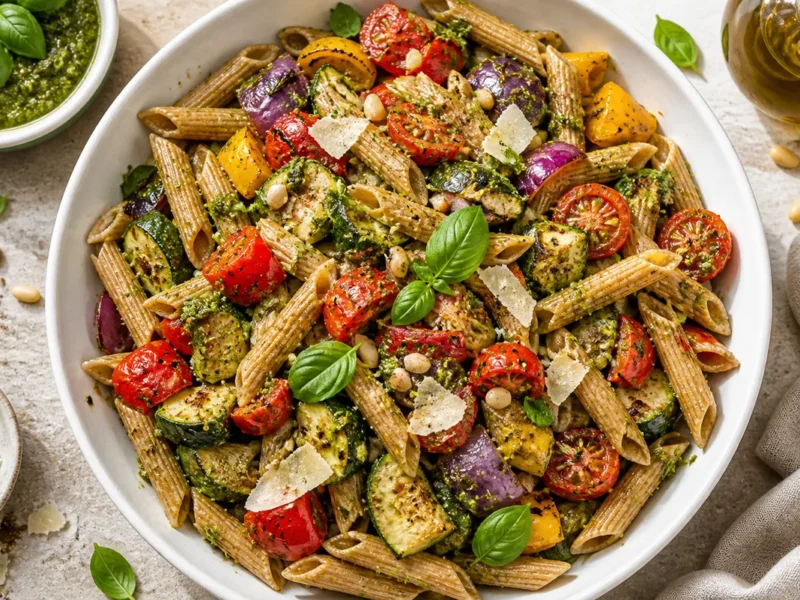 Ensalada de pasta integral con verduras asadas y pesto — receta de cocina italien
