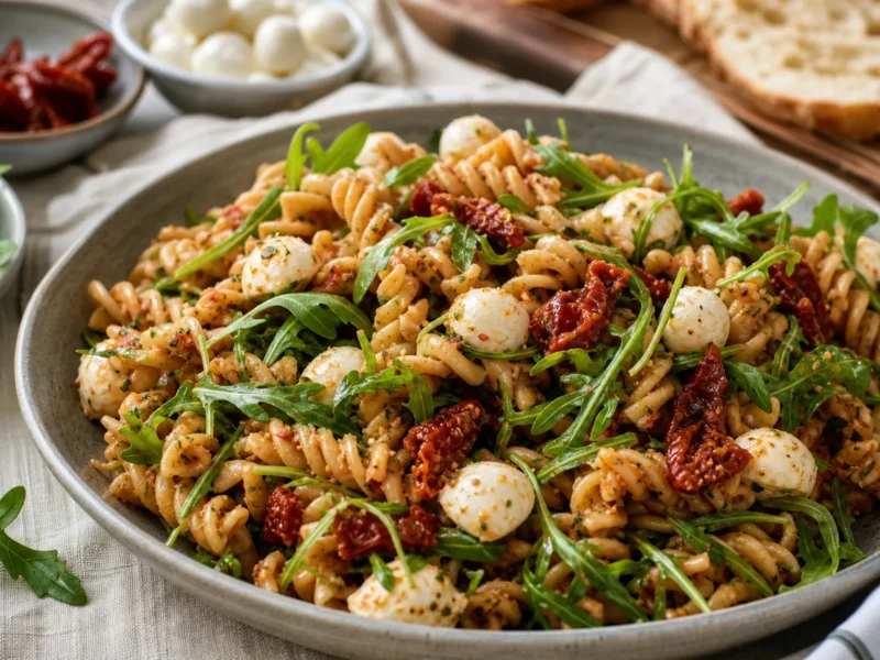 Salade de pâtes au pesto rouge, mozzarella et roquette — receta de cocina italien