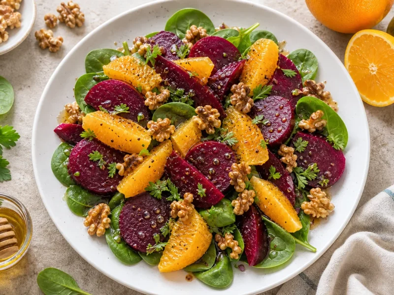 Salade de betteraves, oranges et noix avec vinaigrette au miel — receta de cocina méditerranéen