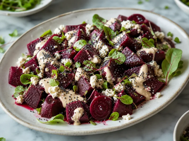 Ensalada de remolacha con tahini y semillas de amapola — receta de cocina méditerranéen