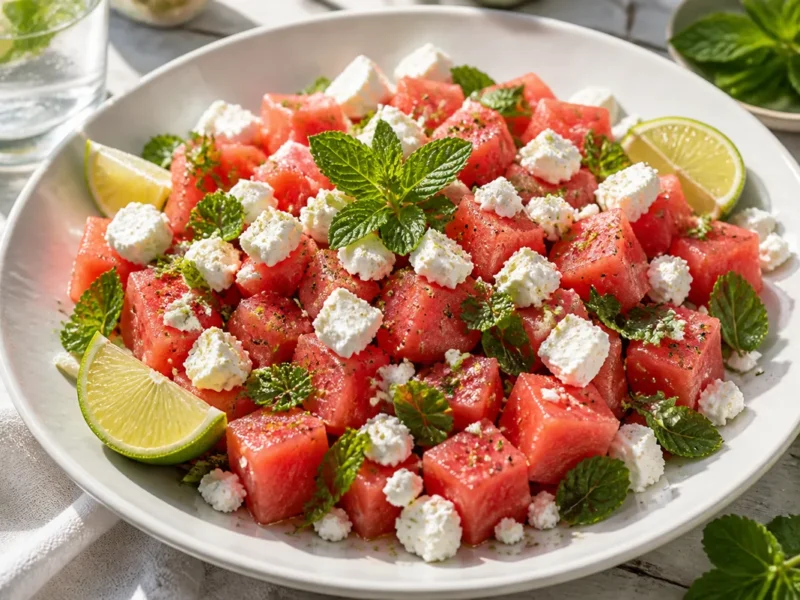 Salade de pastèque à la feta et à la menthe — receta de cocina méditerranéen