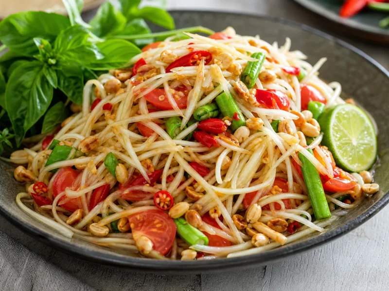 Salade som tam de papaye verte et cacahuètes — receta de cocina Thaïlandaise