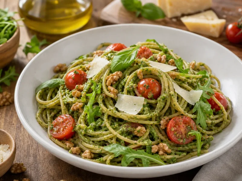 Spaghettis de blé entier à la roquette et au pesto de noix — receta de cocina méditerranéen