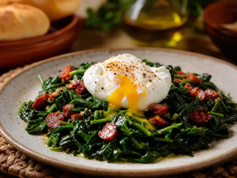 Espinacas con chorizo ibérico y huevo poché — receta de cocina méditerranéen