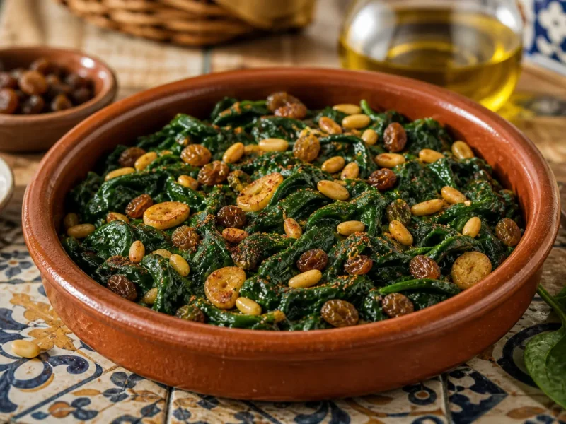 Épinards aux pignons de pin et raisins secs à la sévillane — receta de cocina méditerranéen