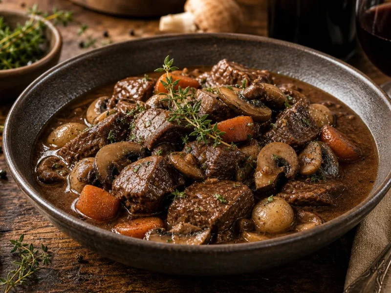 Estofado de ternera con setas y vino tinto — receta de cocina méditerranéen