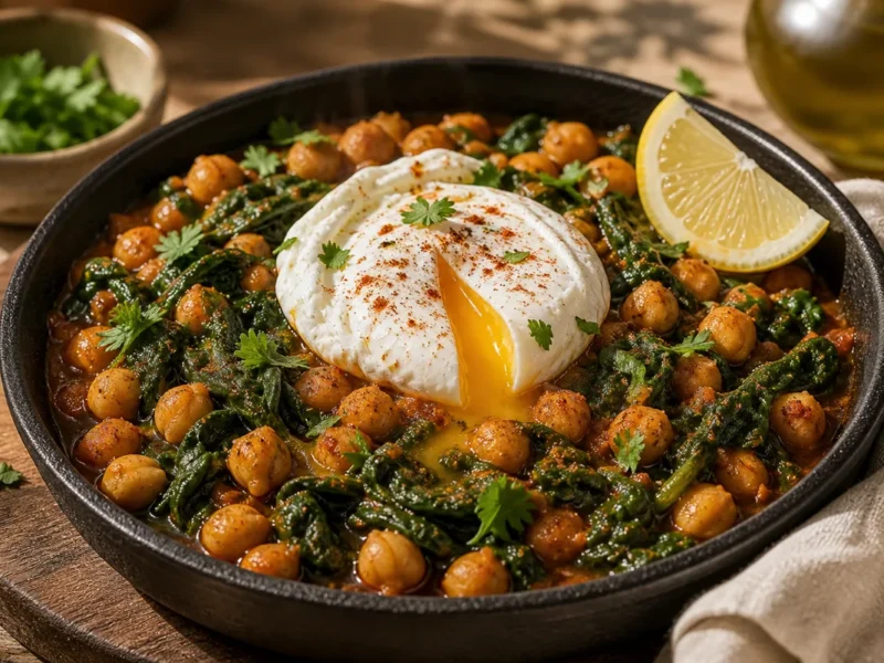 Chickpeas with spinach and poached egg — receta de cocina Mediterranean