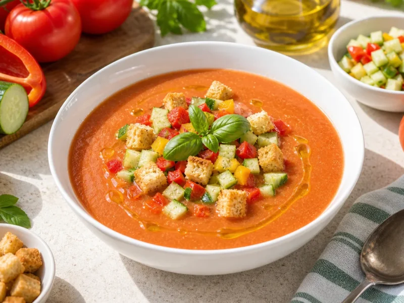 Andalusian gazpacho with crunchy garnish — receta de cocina Mediterranean