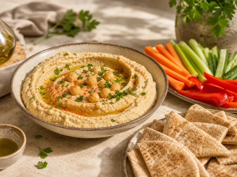 حمص محلي الصنع مع خبز القمح الكامل والخضروات — receta de cocina متوسطة