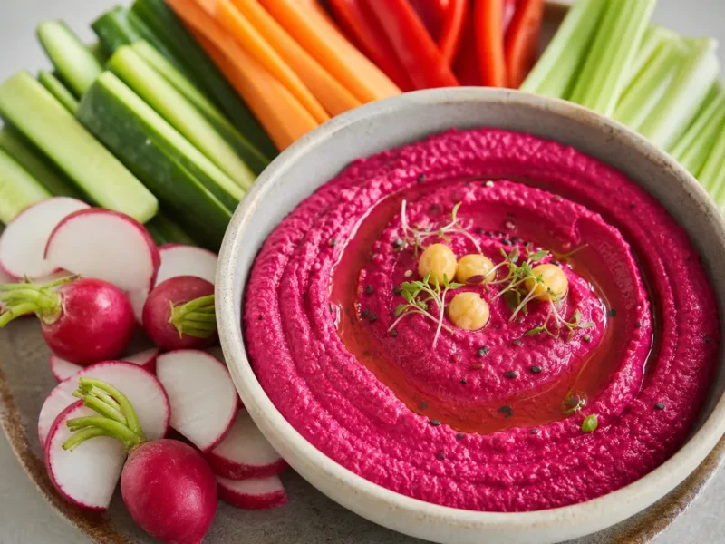 Hummus de Remolacha con Crudités Variadas — receta de cocina Mediterránea