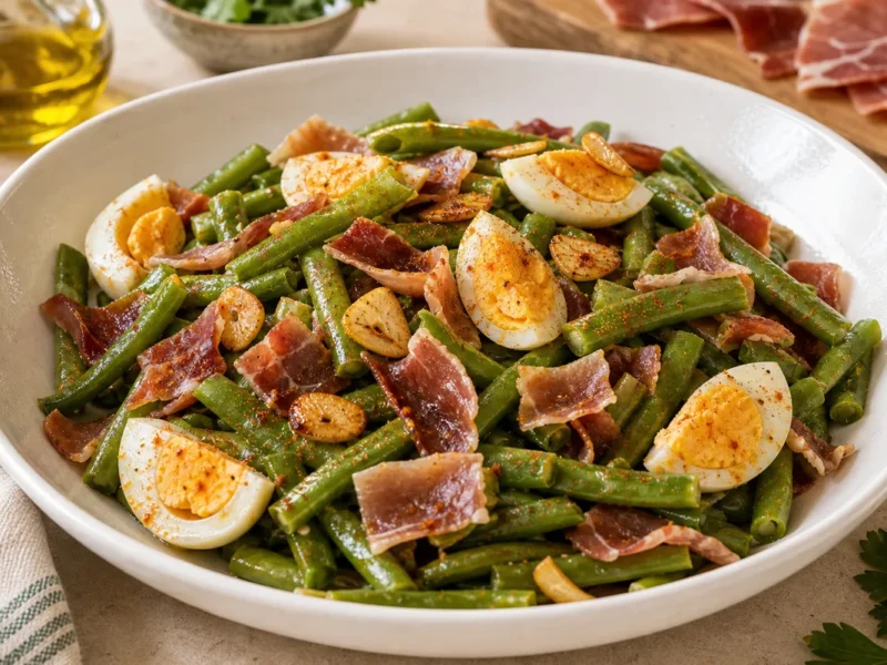 Judías verdes con jamón y huevo duro — receta de cocina Mediterránea