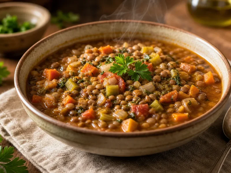 عدس مطهو ببطء مع الخضار الموسمية — receta de cocina متوسطة