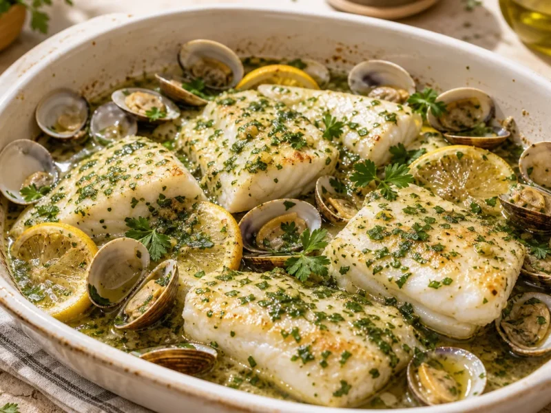 خبز هيك مع الصلصة الخضراء والمحار — receta de cocina متوسطة