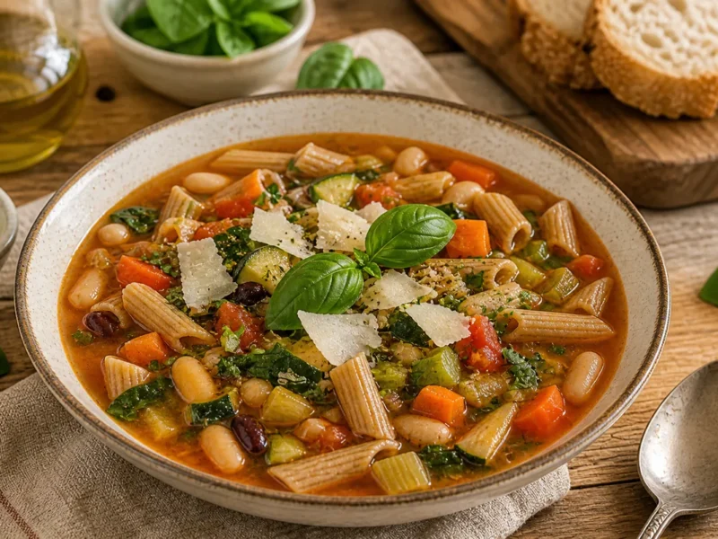 مينستروني نباتي مع معكرونة القمح الكامل — receta de cocina إيطالية