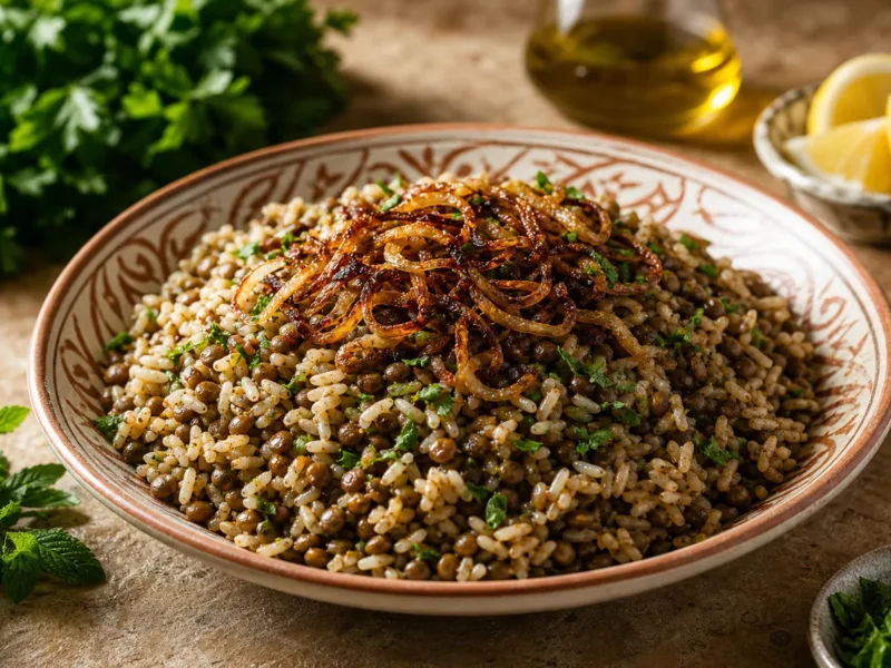 Mujaddara: lentejas con arroz y cebolla frita — receta de cocina Mediterránea
