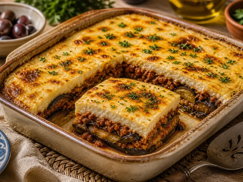 Musaka de berenjena y cordero con bechamel — receta de cocina Mediterránea