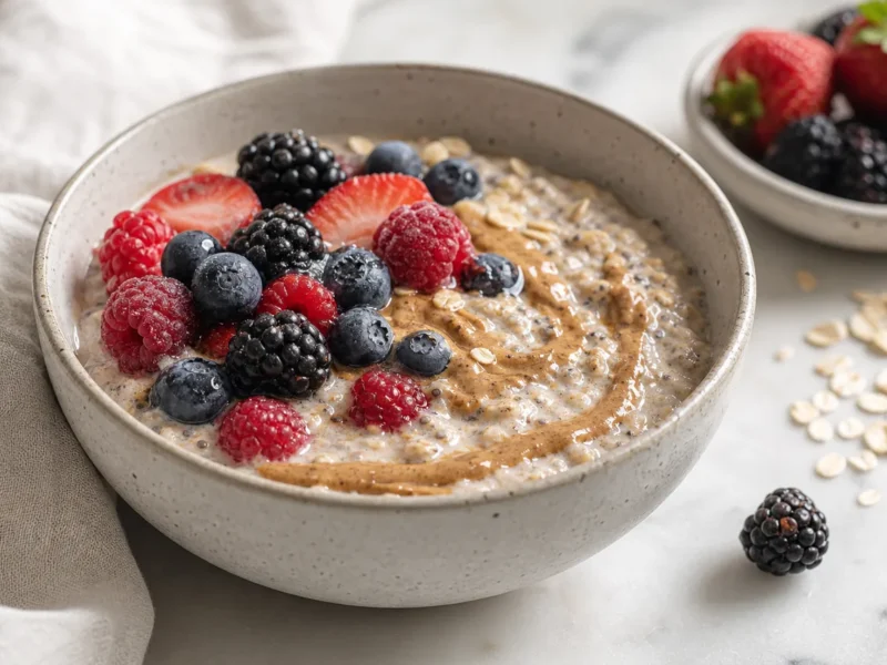 Bowl de Avena Nocturna con Frutas del Bosque y Mantequilla de Almendra — receta de cocina Mediterránea