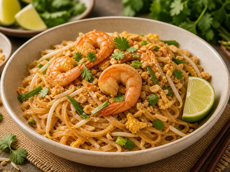 Pad Thai de gambas con fideos de arroz y cacahuetes — receta de cocina Tailandesa