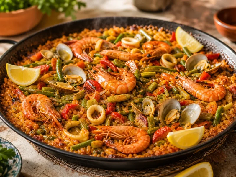 Paella De Verduras Y Mariscos — receta de cocina Mediterránea