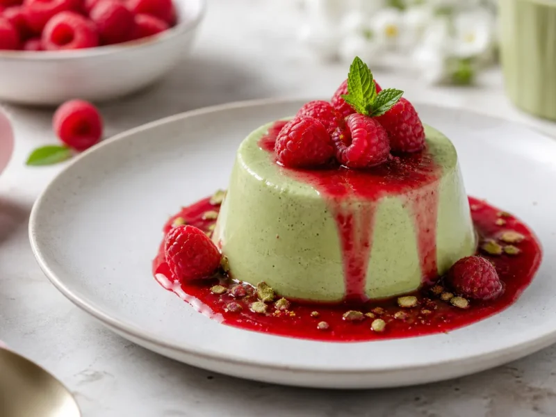Pannacotta de matcha con coulis de frambuesas — receta de cocina Japonesa