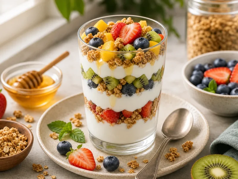 Parfait au yaourt grec avec granola et fruits — receta de cocina méditerranéen