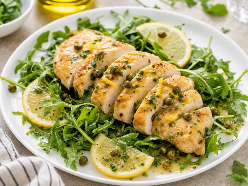 Pechuga de pollo al limón con alcaparras y rúcula — receta de cocina Mediterránea